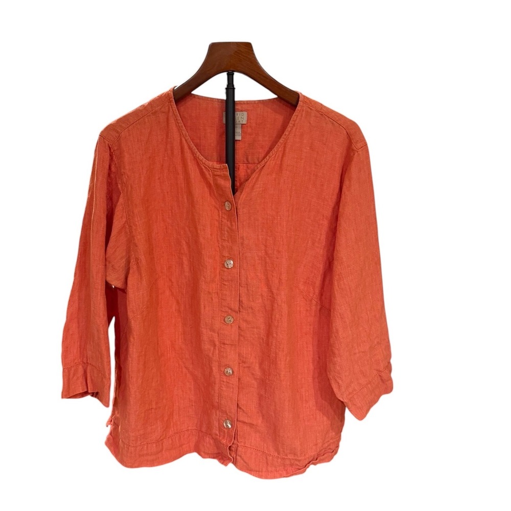 Vtg Sigrid Olsen Sport Women 1X Orange Linen Blend Button Down 3/4 Sleeve Top